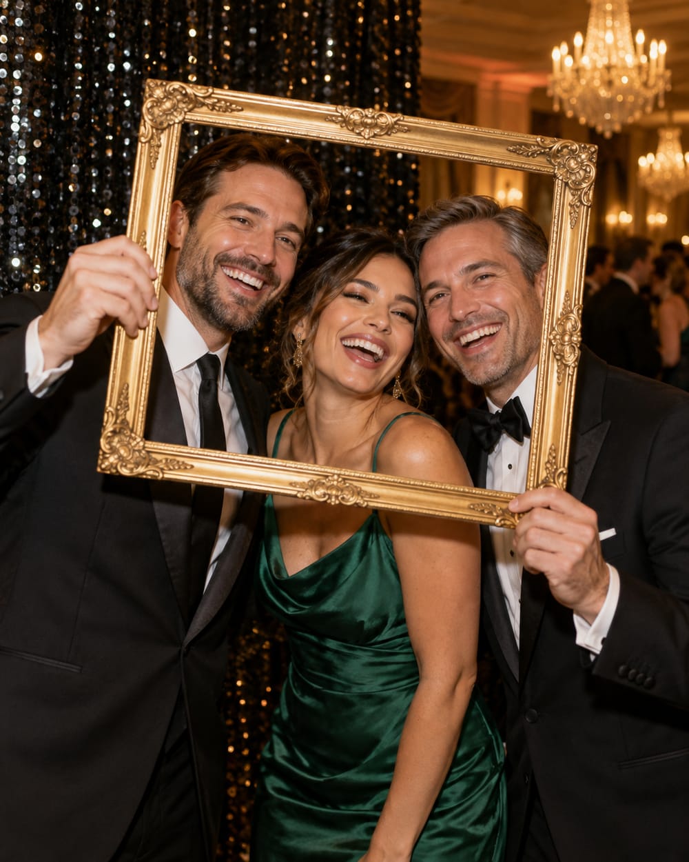 Colleagues at a corporate gala framing their faces with a gold picture-frame prop