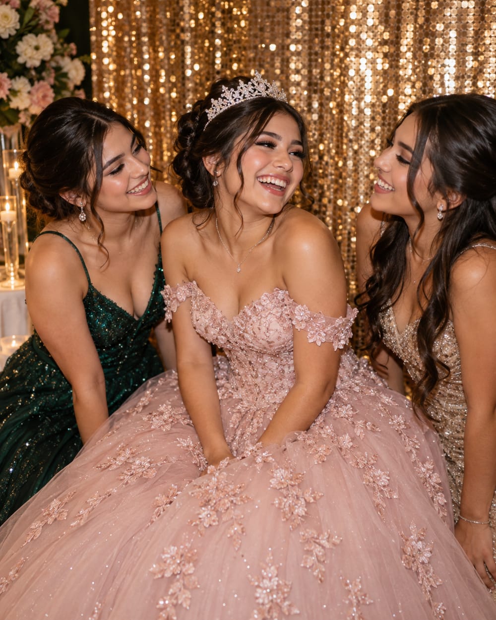 Quinceañera in a blush ball gown laughing with friends before a gold sequin backdrop