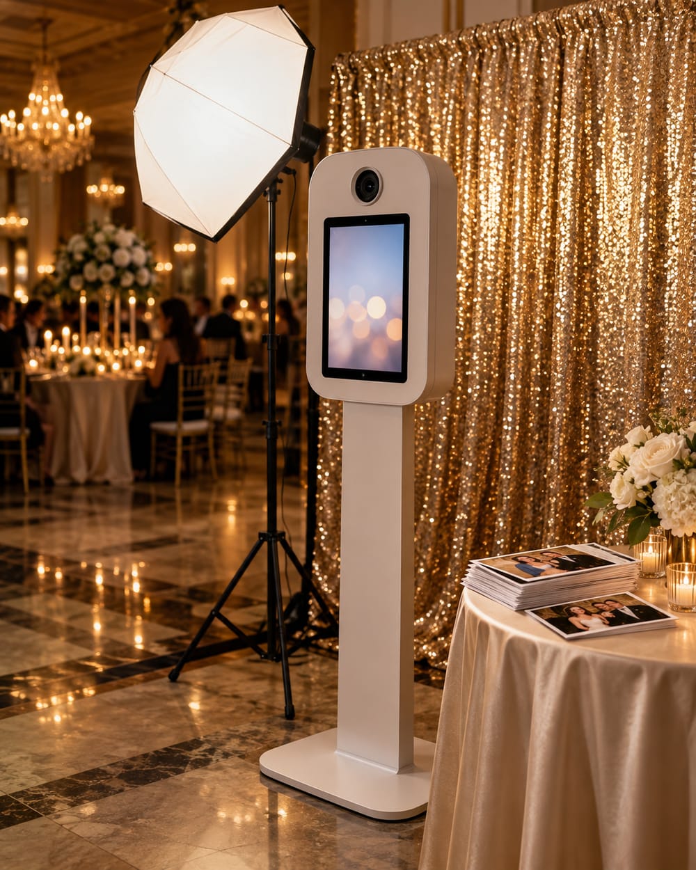 Photo booth station with a touchscreen, studio light, and fresh prints at a ballroom reception